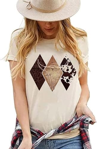 Women's Vintage Cowboy Western T-Shirts Cute Cow Skull Graphic Rodeo Shirts Funny Cowgirl Country Concert Tee Tops thumbnail 4