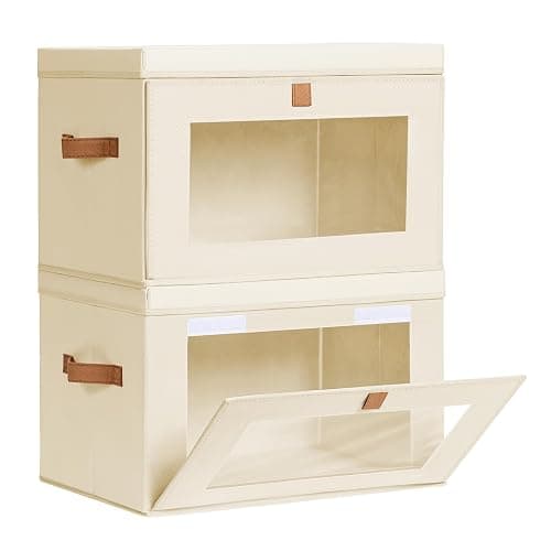 Homsorout Large Closet Storage Organizer - Clothes Storage Bins with Handles & Window, Collapsible Decorative Boxes with Lids, Fabric Containers for Living Room, Dorm, 2 Pack, Beige - Image 1