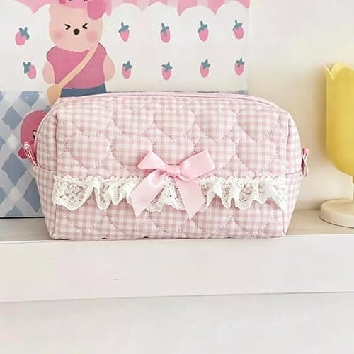 Modacarry Small Quilted Makeup Bag Touch-up Pouch Coquette Cosmetic Bag for Women Girls (PINK CHECKERED) thumbnail 8