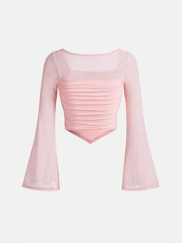 Floerns Girls Bell Long Sleeve Square Neck Asymmetrical Hem Mesh Ruched Crop Tops Tees thumbnail 3