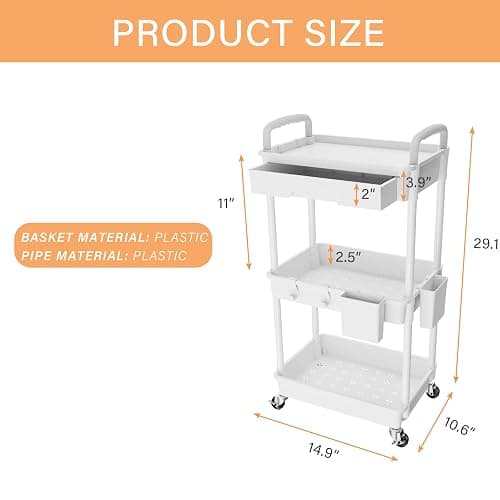 3 Tier Rolling Utility Cart with Drawer,REBECAT Utility Cart Made of Multifunctional Storage Organizer Tool for Kitchen,Bathroom,Living Room,Office(White) thumbnail 3