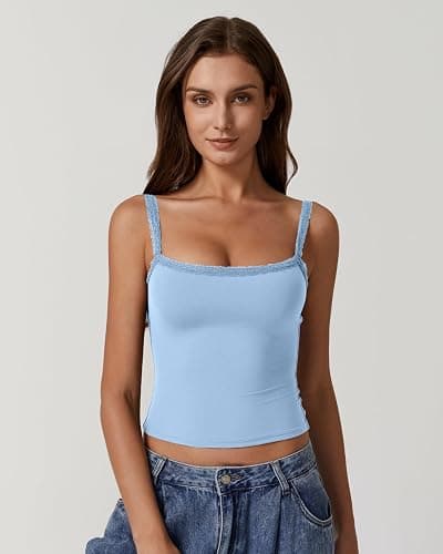 QINSEN Womens Square Neck Lace Trim Tank Top Double Lined Slim Fitted Y2k Going Out Camisole Shirts thumbnail 3