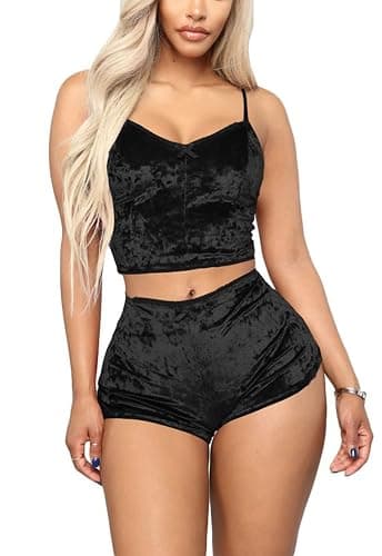 Angsuttc Women's Velvet 2 Piece Outfit Spaghetti Strap Crop Top Shorts Pajamas Set Sleepwear Nightwear - Image 1