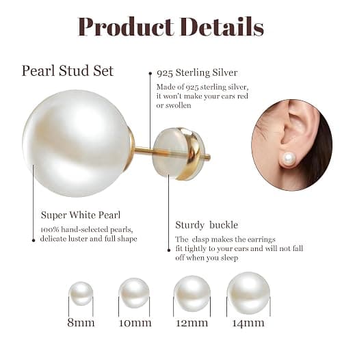 Sanglarst 4 Pairs Pearl Stud Earrings Sterling Silver Earring Set | 14K Plated Gold Hypoallergenic Earring stud Large size Round pearl 8mm-14mm Set Earrings for women thumbnail 2