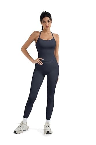 SUUKSESS Women 2 Piece Workout Sets Compression Tummy Control Leggings with Pockets Halter Built in Bra Tank Tops thumbnail 7