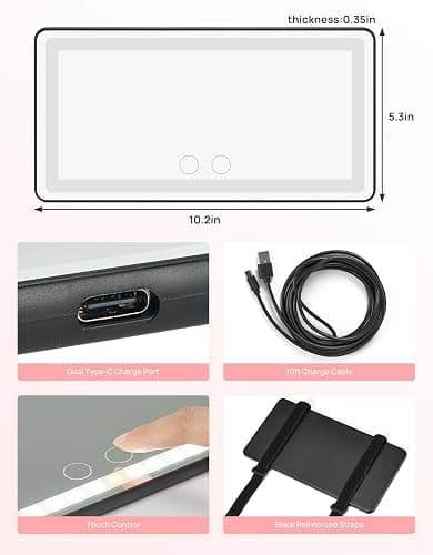 JOYTUTUS Car Sun Visor Vanity Mirror with Lights, 3 Light Modes & 60 LEDs, Rechargeable Dimmable Touch Control Travel Makeup Mirror for Truck SUV thumbnail 5