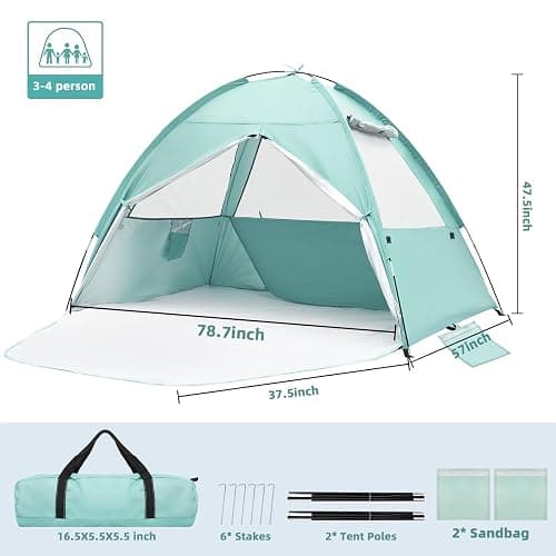 NHOWIN Beach Tent for 3-4 Person, Large Easy Setup Beach Shade Canopy with UPF 50＋ UV Protection, Portable Shade Tent with 3 Ventilating Mesh Windows for Outdoor, Picnics, Fishing thumbnail 2