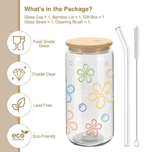 Mikopei Cute Glass Cups with Lids and Straws - Flowers and Bubbles Iced Coffee Cup for Adults, Unique Gifts for Women Men, Funny Unique Decor Party Birthday Decorations, 16 oz thumbnail 4