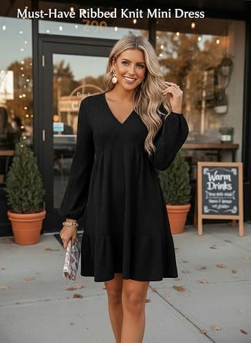 Dokotoo Fall Dresses for Women 2025 Long Sleeve V Neck Lightweight Ribbed Knit Empire Waist Casual A Line Swing Mini Dress thumbnail 3