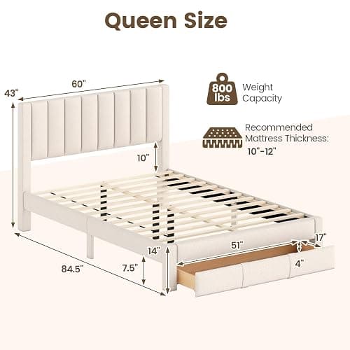 Giantex Queen Size Bed Frame with Storage Drawer, Upholstered Velvet Platform Bed with Vertical Channel Headboard, Wooden Slats Support Mattress Foundation, No Box Spring Needed, Beige thumbnail 2
