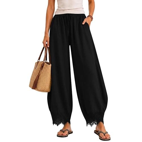 Womens Cropped Lace Trim Pants High Waisted Elastic Drawstring Wide Leg Trousers Casual Flowy Boho Pant with Pockets thumbnail 2