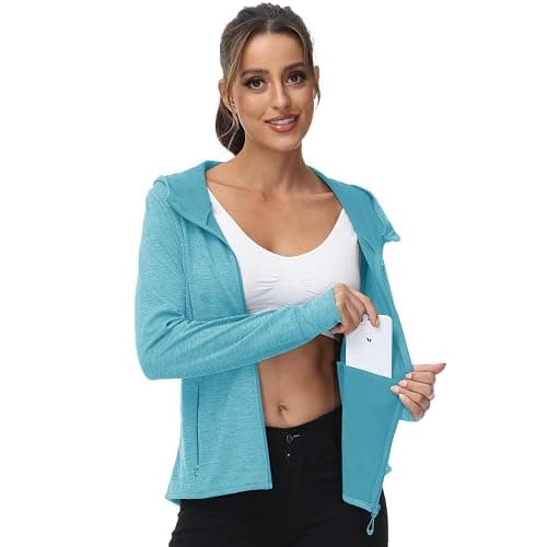 donhobo Damen Laufjacke Sportjacke Trainingsjacke Langarm Fitness Yoga Jacke Leicht Atmungsaktive Full Zip Sweatjacke mit Taschen Daumenloch - XS - Himmelblau thumbnail 6