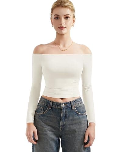 SUUKSESS Women Off Shoulder Double Lined Long Sleeve Shirts Basic Going Out Tops thumbnail 2