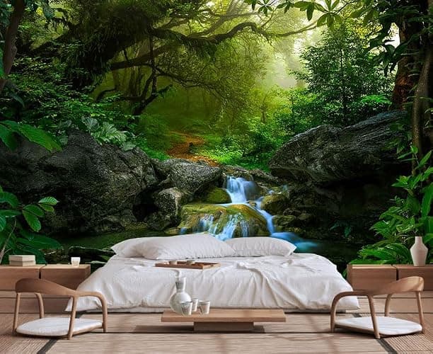 Wmjurel Primitive Forest Waterfall Wallpaper, Modern Large Background Wall Mural for Living Room and Plant Room(Non-self-Adhesive) - Image 1