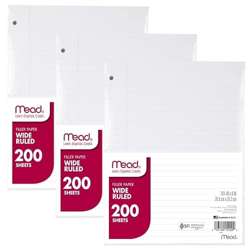 Mead Loose Leaf Paper, 3 Pack, Notebook Paper, Wide Ruled Filler Paper, Standard, 8 x 10.5, 200 Sheets per Pack (73183) - Image 1