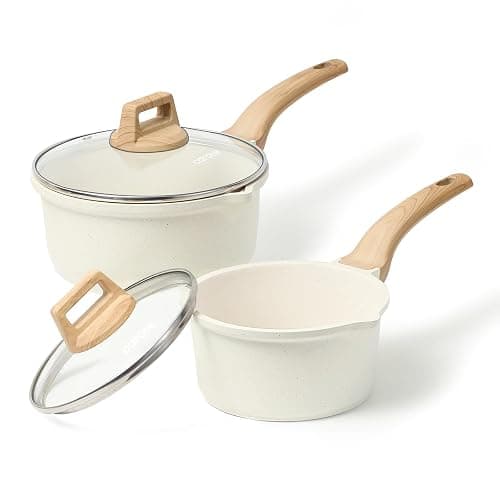 CAROTE 1.5Qt & 3.0Qt Sauce Pan Sets with Lid Cooking Pots Nonstick Saucepans Cookware Set with Pour Spout Small Kitchen Pot, Induction Comptable, Easy to Clean, PFOA FREE (White Granite) - Image 1