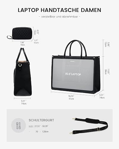 LOVEVOOK Laptoptasche Damen 15,6 Zoll, Wasserdicht Arbeitstasche Handtasche Groß Schultasche Shopper Business Tasche Aktentasche Lehrertasche, Leder Tote Bag Notebooktasche für Büro Uni Schwarz thumbnail 5