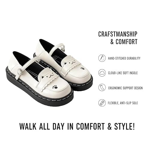 Women's Cute Cat Face Mary Jane Flats – Kawaii Platform Shoes with Paw Print Detail for Dress, Casual Wear or Anime Outfits thumbnail 6