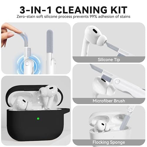 Soft Silicone Case for AirPods Pro 2nd/1st Generation, Protective Cases Cover with Cleaning Kit & Keychain, Compatible with AirPods Pro 2 for Women Girly, Anti-Scratch, Shockproof (Black) thumbnail 5