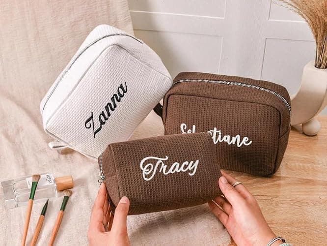 Personalized Embroidered Waffle Cosmetic Bags, Custom Thicken Beauty Makeup Packet Bag for Women Girls, Travel Makeup Pouch, Aesthetic Toiletry Case, Bridal Bridesmaid Party, Birthday, Wedding Gifts thumbnail 7