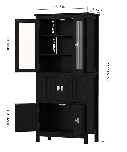 Akxomel 53.1" Tall Bathroom Storage Cabinet with 6 Doors and Adjustable Shlef, Bathroom Organizers and Storage, Linen Cabinet, Cupboard for Living Room, Kitchen, Entryway, Black thumbnail 3