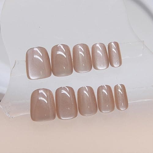 Square Press on Short Glossy Fake Nude Acrylic Nails - Shiny Ombre False Glossy Gel Glue on Squoval Stick on for Women Girls - Decoration 24 Pcs thumbnail 2