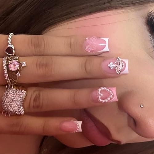 IMRAIN Press on Nails Short Square Fake Nails Cute Heart Pearl & Rhinestone Squoval False Nails Pink Glossy Full Cover Glue Stick on Nails for Women Girls Manicure Decorations - Image 1