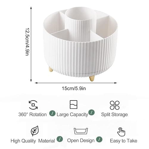 Bekeify 360° Rotating Makeup Organiser Makeup Brush Holder with 5 Compartments for Cosmetics Perfume Jewellery for Dressing Table Bedroom Bathroom Office White Stationery Storage thumbnail 2