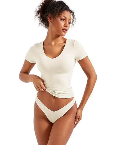 SUUKSESS Women Double Lined Fitted Basic Tee Sexy V Neck Short Sleeve Y2K Crop Top thumbnail 2