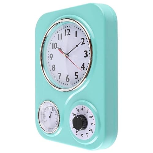 Lily's Home - 9.5 Inch x 12.5 Inch - Retro Kitchen Wall Clock, Vintage Wall Clock with a Thermometer and 60-Minute Timer, Ideal for Any Kitchen, Office, or Diner (Turquoise) thumbnail 4