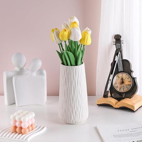 VanEnjoy 8 inch Vase for Flower, Modern Flower Vase, Cute White Ceramic Vase, Minimalist White Textured Vase for Dining Table Centerpiece Décor thumbnail 2