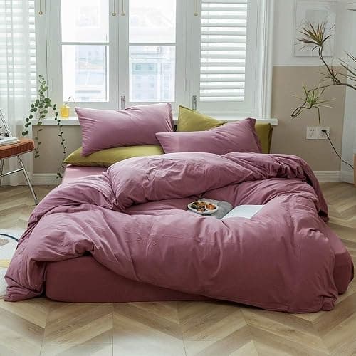 AMWAN Modern Purple Mauve Solid Cotton Duvet Cover with 2 Pillowcases, King Size, Knit Comforter Cover, Luxurious Bedding Set - Image 1
