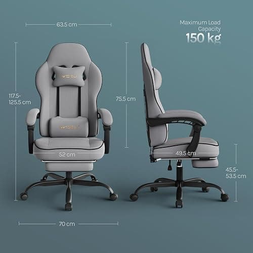 WOLTU Gaming Chair,Adult Computer Chair, Spring Cushion, Grey and Black | Load Capacity of 150kg,Ergonomic Design,Equipped with Headrest,Lumbar Pillow,Footrest and Mesh Fabric thumbnail 3
