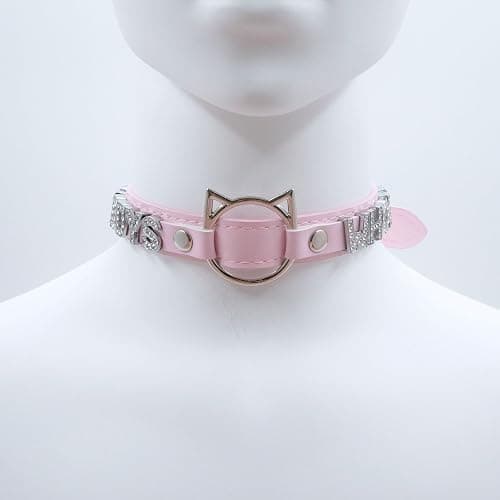 ADEMISHIA Black O-ring Choker Collar For Women, Pink Vegan Leather Choker Necklace Jewelry with Cat-shaped Ring and Rhinestone Letters - Pink - DADDYS thumbnail 3