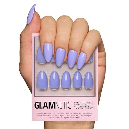 Glamnetic Press On Nails - Periwinkle | Short Almond Purple, Glossy Lavender Fake Nails, Reusable Spring Nails | 15 Sizes - 30 Nail Kit with Glue - 5-Periwinkle