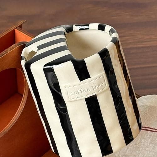 Retro Striped Ceramic Mark Hand-Painted Cup, Vintage Hand-Held Double-Enjoy Cup, Unique Ceramic Coffee Milk Tea Mug, Non Slip Hot Cold Drinks Mug, For Christmas Holiday Winter Gift (Black) thumbnail 7