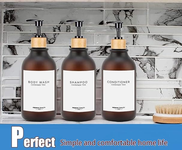 Frosted Heavy Duty Shampoo and Conditioner Bottles, Apothecary Dispenser Bamboo Pump, Refillable Shampoo Bottles for Shampoo Lotion Oil Shower Soap Hand Soap and Dish Soap (Matte Amber) thumbnail 4