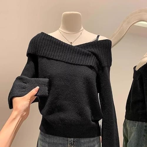 Christmas wear Slanted Shoulder Longsleeved Sweater Womens Autumn and Winter twopiece top thumbnail 4