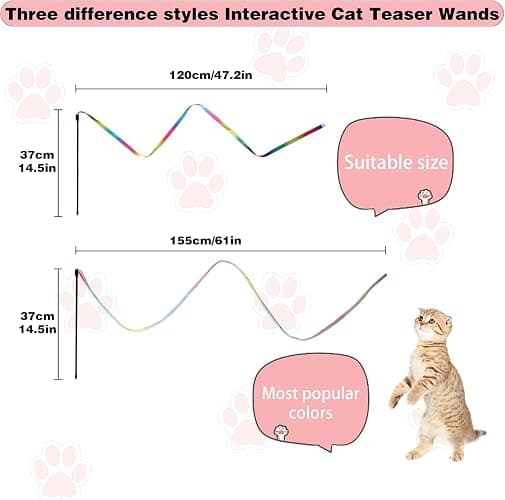 M JJYPET Cat Wand Toys Interactive Kitten Toys for Indoor Cats Colorful Teaser Wand String for Exercise Kitten Stick Kitty Rope Toy Rainbow Ribbon Cat Charmer -2Pcs thumbnail 2