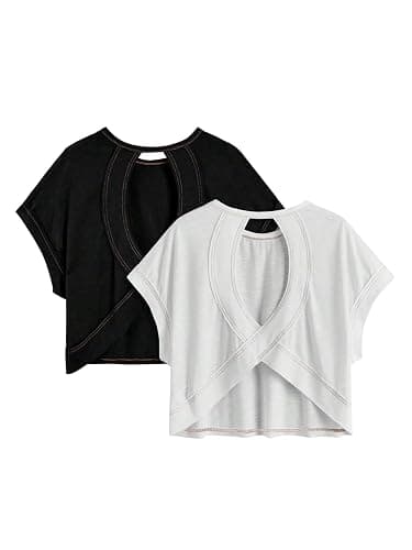 RoseSeek Women's 2 Packs Open Back Tops Criss Cross Cut Out Summer Casual T Shirt Crewneck Short Sleeve Backless Tee - Image 1
