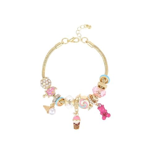 Madison Tyler Gold Plated Charm Bracelet for Women | Martini Tomato Hamburger Cherry Ice Cream Lemon Beaded Charm Bracelet Cute Adjustable Snake Chain Bracelet - Image 1