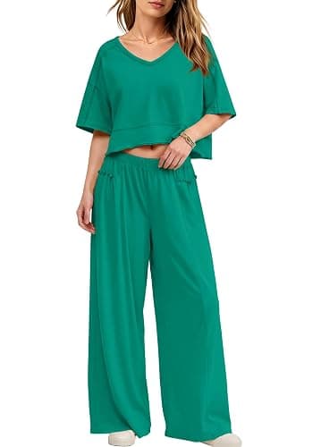 Yanekop Womens Two Piece Lounge Set for Summer Airport Travel Outfit V Neck Crop Tops and Wide Leg Pants with Pockets thumbnail 2