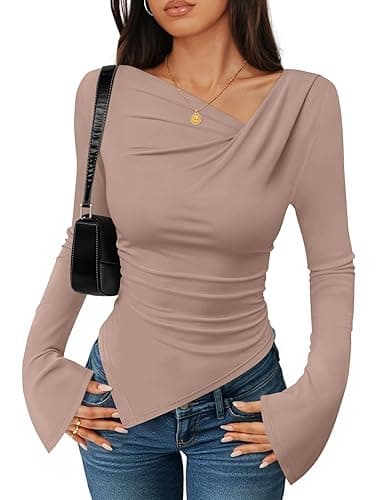 ZESICA Women's Long Bell Sleeve Shirts 2025 Fall Going Out Asymmetrical Crop Tops Slim Fit Ribbed Ruched Y2K Clothes