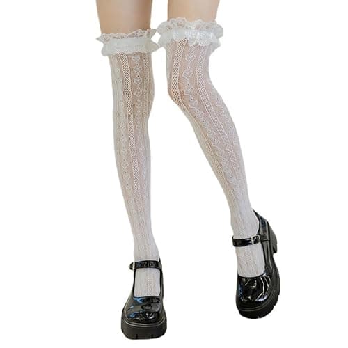 Ninejuize Thigh High Stockings with Bow, Santa Accessory Y2K Fishnet Socks with Lace Brim Lingerie Tights for Women - Image 1