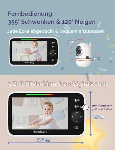 HelloBaby Babyphone mit Kamera, 3500 mAh Akku mit 5 Zoll Bildschirm, 355° Schwenken-120° Neige-Zoomen, Babyfone ohne WLAN, 2 Wege Audio, Temperatur, 8 Schlaflieder, Nachtsicht, HB6550 thumbnail 3