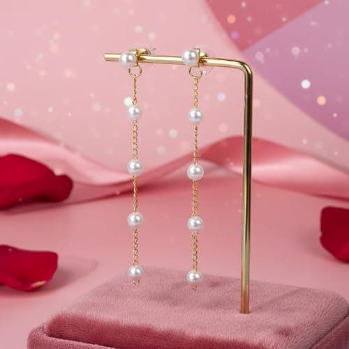 Trinckle Pearl Earrings for Women, Gold Pearl Drop Floral Earrings for Grils Boho Silver Dangle Earring, White Bridal Dangling Earings for Wedding Graduation, Bow Prom Jewelry Bridesmaid Accessories thumbnail 8