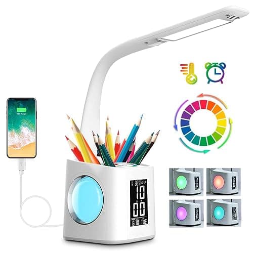 wanjiaone LED Desk Lamp with Clock,Color Changing Nightlight,Study Lamp with Pen Holder,Desk Light with USB Charger,Table Light for Home,Office,Bedroom,Gift for Kids,Students,Women,White - Image 1