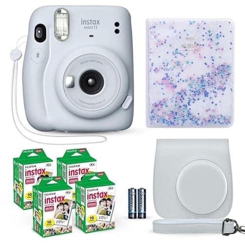 Fujifilm Instax Mini 11 Instant Camera Ice White + Fuji Film Value Pack (40 Sheets) + Shutter Accessories Bundle, Incl. Compatible Carrying Case, Quicksand Beads Photo Album 64 Pockets - Image 1
