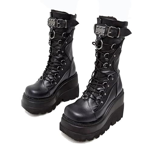 XYKHUI Womens Gothic Punk Platform Boots Chunky Wedge Heel Combat Boots Lace-Up and Zipper Round Toe Mid Calf Motorcycle Boot thumbnail 6