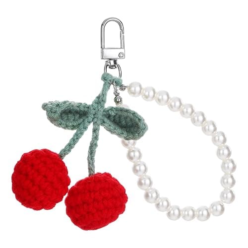Apausvcm Cherry Pearl Keychain, Kawaii Cherry Crochet Key Chains Accessories Handmade Weaving Cute Car Rearview Mirror Hanging Accessories Bag Purse Charms for Handbags Backpack Women Girls Gift - Image 1